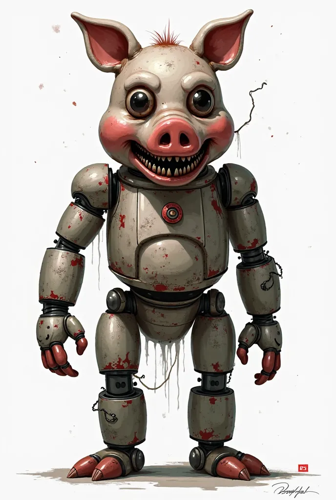 Concept art videogame character, creepy, digital draw, animatronic fnaf style, pig, stylized cartoon, white background