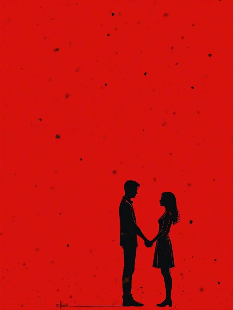 They held each other's hands , use black color and Red background,