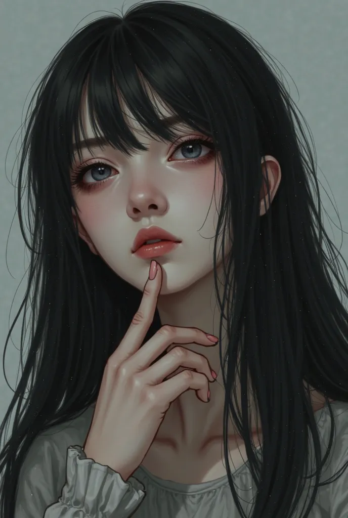 A girl with a sad and lost expression, depressed, she is pretty with long black hair  She is feeling her own pulse while placing her index finger on her neck