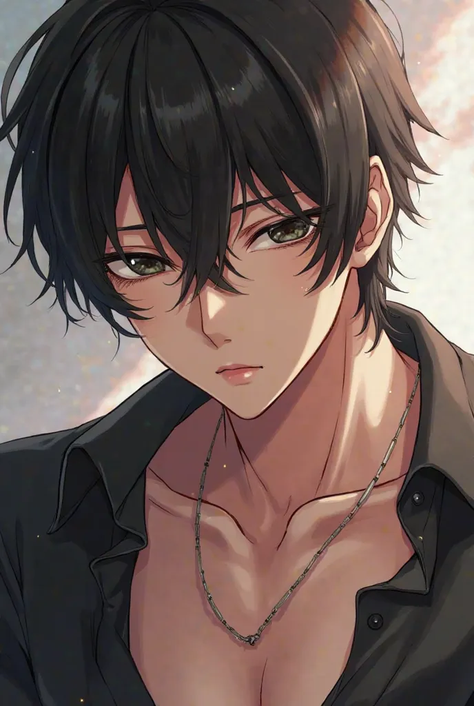 Make an anime boy with mid-length black hair. make his clothes slightly revealing but not too much. The view is up close, the artstyle is semi realistic. His skin is slightly tan and his eyes black.