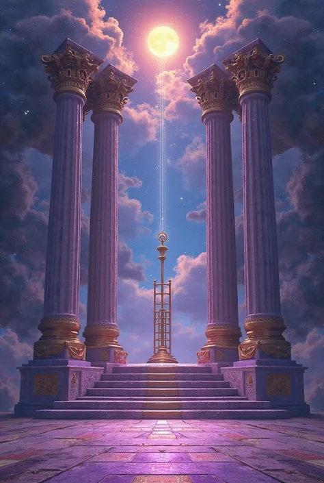 A spiritual altar with two large columns at the top of each one on the right the Sun on the left the Moon, On the pavement the color purple,  On each side of the columns down, a Leo on the right and an Eagle on the left,  une épée au centre,  a ladder lead...