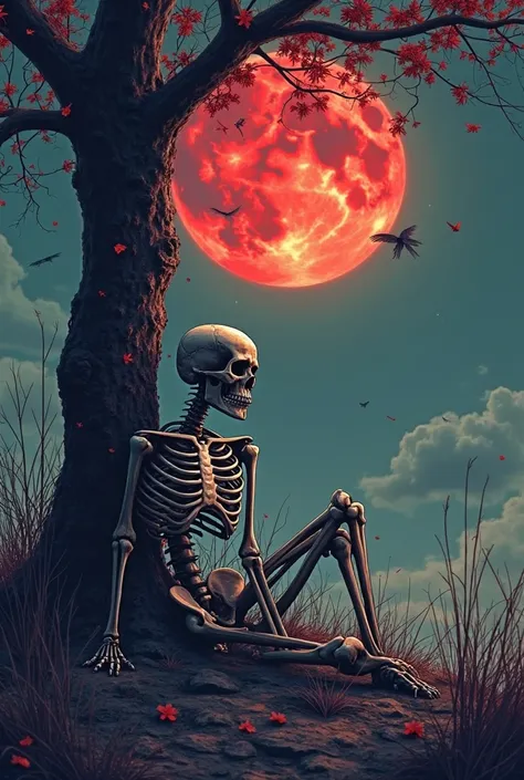 skeleton sitting under a tree with grass in ashes and a full red moon, dark fantasy digital illustration, detailed art, the day of the dead!, ( the day of the dead ), ( ( ( the day of the dead ) ) ), the day of the dead, ( (  Day of the Dead ) ),  highly d...