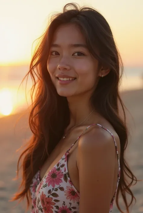 A young woman with delicate features and white skin.  She has long, straight hair ,  slightly wavy at the tips , in a dark tone. looking at the horizon. Your body is athletic and defined, She wears a flowery dress on the beach.  Your posture is strong and ...