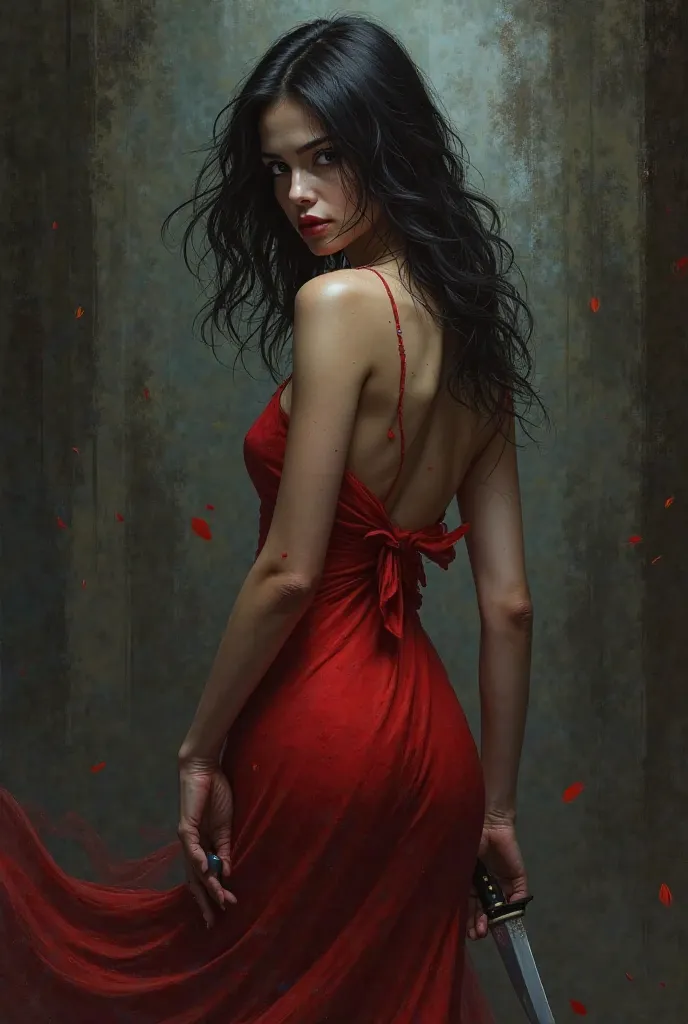 Make realistic art of a woman holding a knife in her hand, focusing on her red dress, her beautifully combed black hair, her looking over her shoulder 