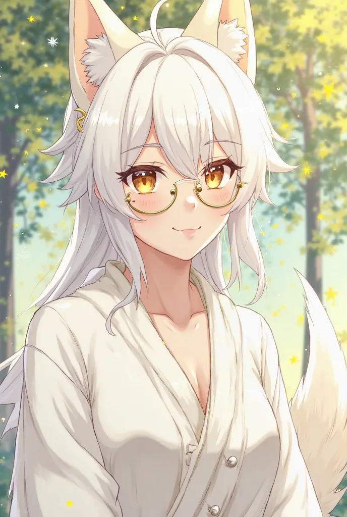  28 years old from the anime world with very soft white hair like a cloud, white hair with yellow eyes, long white clothes made of silk with a long white sweater made of silk, small yellow stars in his hair and small yellow stars inside. He has cute and so...