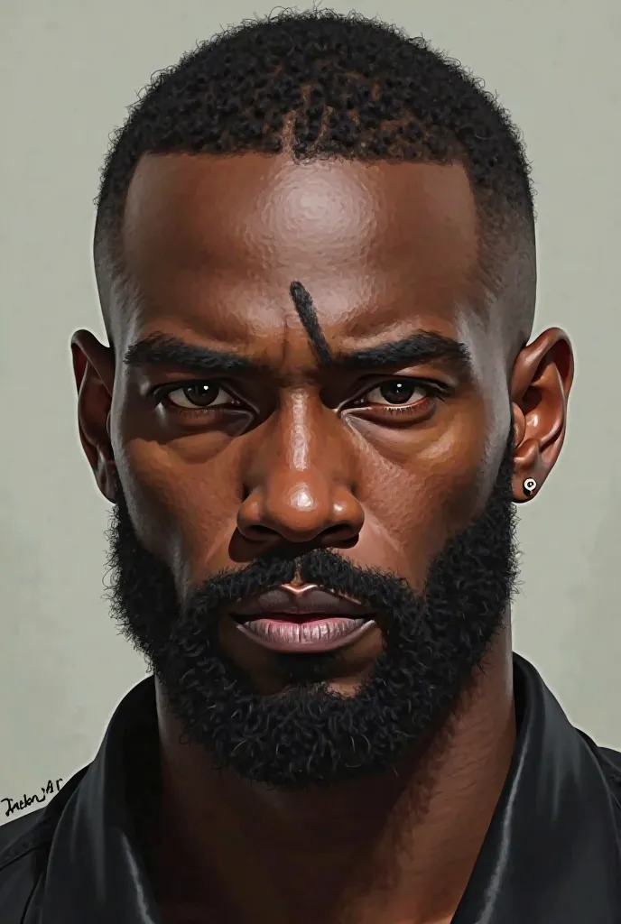 Make a black man out of short thousands he has a tight beard and a small scar at eyebrow height cartoon style but no  