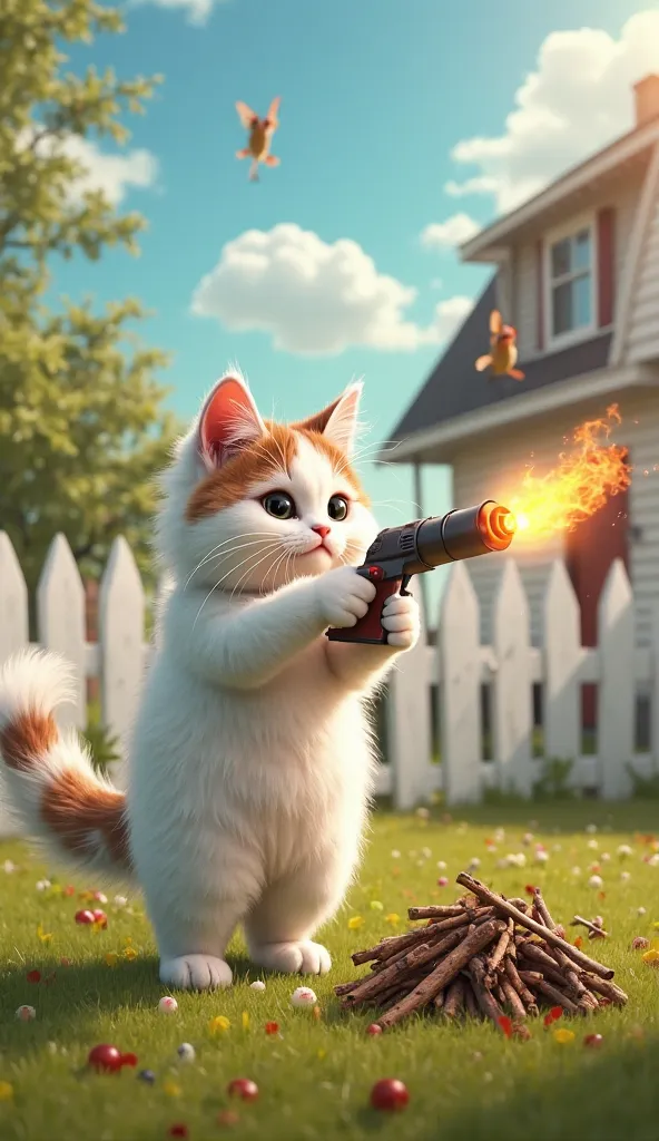 "An ultra-realistic fluffy white cat with brown spots stands in a charming American backyard, confidently holding a small flamethrower. The cat is aiming at a pile of twigs, preparing to ignite them for a cookout. The backyard features a white picket fence...