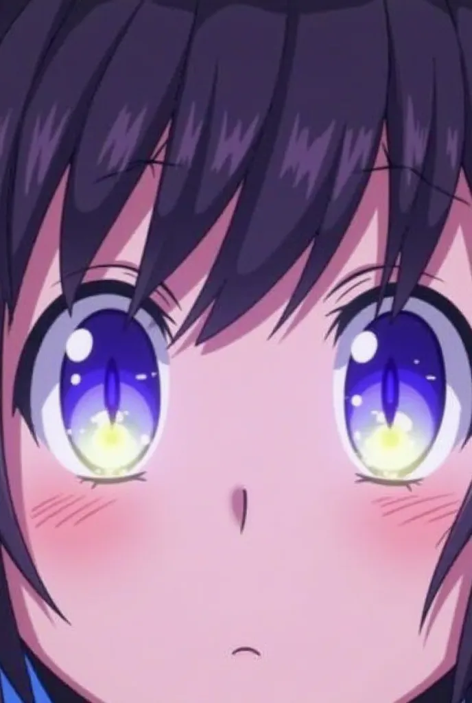 The manga character Shoujo's eyes are both purple, with a blue pupil in the center of each iris. Below each blue pupil, there is a small touch of yellow that creates a glow effect or luminous reflection, accentuating the expressiveness and vividness of the...