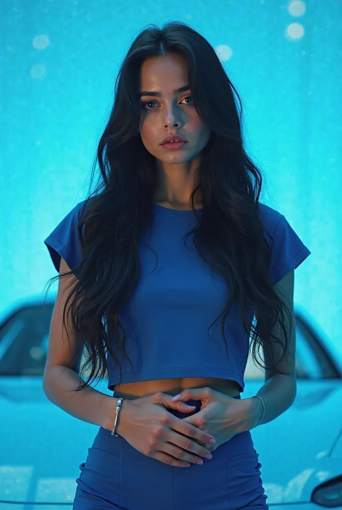  young woman, real,  average build, hands around the waist, with long black hair up to the wavy waist, with striking blue sports car,with a light blue background and lighting behind the young woman, as if it were for a competition performance