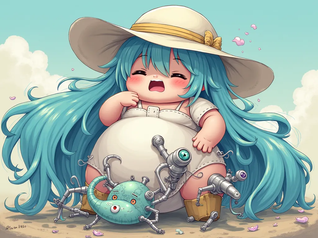 anime obese girl with long sky blue waterfall hair wearing big white sun hat being tickled tortured in and ,by machine