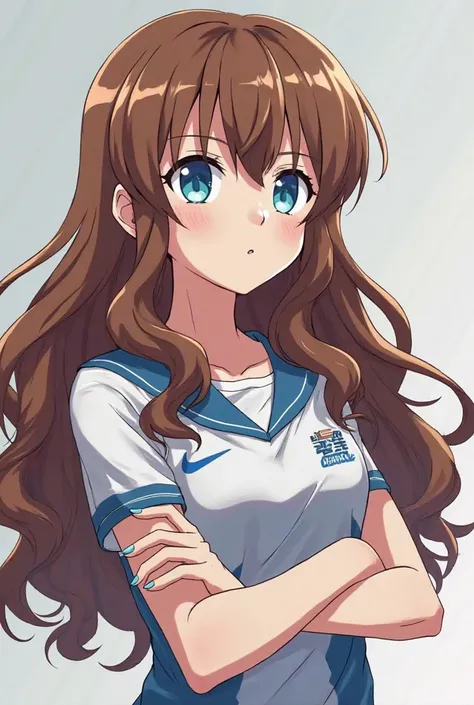 Screenshot with an anime style related to Boku no Hero, a girl who appears to be , wearing the UA , arms crossed looking to the side distracted.  long wavy brown hair ,  blue eyes,  white-skinned, nails painted with the color light blue