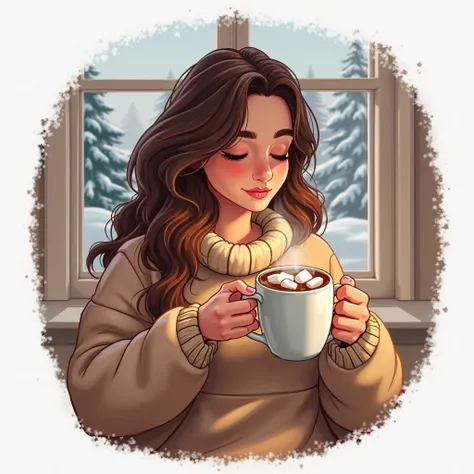 **Prompt Description:**  

A **27-year-old** beautiful woman with wavy brown hair sits comfortably indoors near a window, holding a large, steaming mug of hot chocolate with both hands. She wears a cozy, oversized sweater, and her fingers are wrapped aroun...