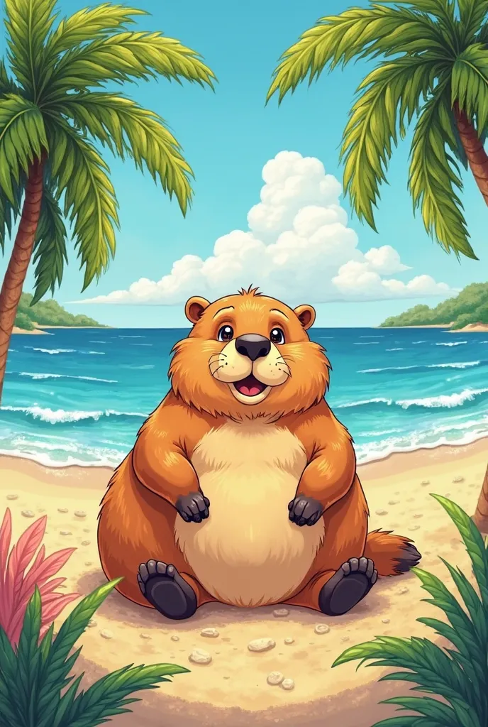 coloring drawing of capybara on the beach 