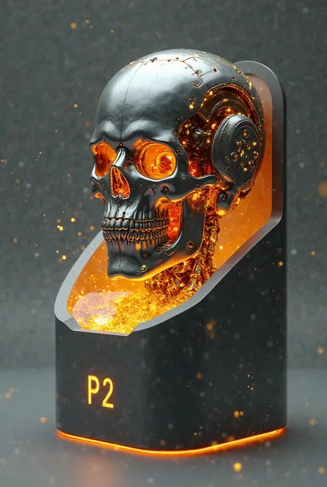 
 The skull of a robot with molten gold in a box with the P2 logo