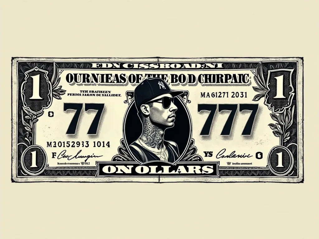 A detailed illustration of a fictitious money bill, designed in a vintage and monochrome style, featuring the number "777"  in the spotlight. In the center of the note , there is a stylized portrait of a man with tattoos, without sunglasses and a hat, repr...