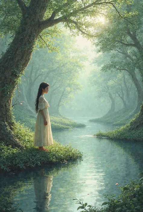 The girl is standing by a small river.