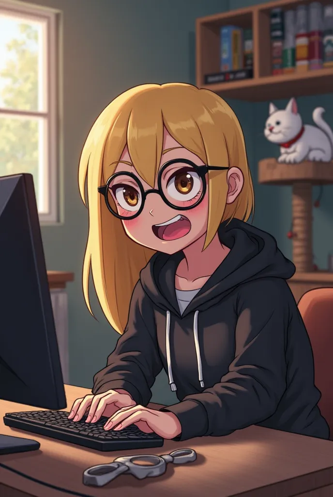 powerpuff girl with blonde hair and her hair down and brown eyes and glasses sitting at a desk playing a pc game with a mad expression, in a black hoodie, the background being a modern looking small room with a cat on a cat tree