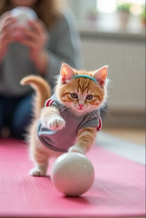 A chubby kitten, with orange and white fur, trying to chase a paper ball on a pink yoga mat. He's wearing a light blue headband and a small gray sports t-shirt with red side stripes, as if he's ready to work out. The environment is a well-lit room, with a ...