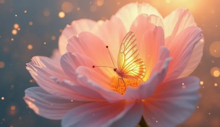 A close-up of a delicate flower slowly opening, revealing a glowing butterfly inside, magical light, soft and dreamy background, cinematic shot, golden hour lighting, ultra-detailed petals, romantic pastel colors, realistic textures, fantasy-inspired. Styl...