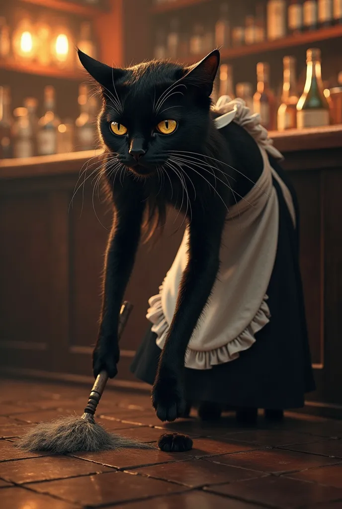 A black cat  wearing a black maid's uniform with a white apron, cleaning the wooden floors of a dimly lit bar. The bar has a cozy, vintage style with bottles of alcohol in the background. She has long, flowing black hair and piercing yellow eyes, exuding a...