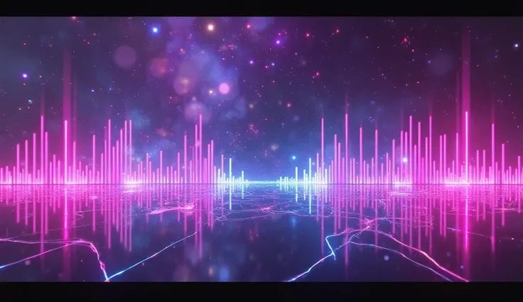 A vibrant and modern thumbnail for a music video called 'Lost in Your Light'. The design must have a neon atmosphere with shades of purple, blue and pink, evoking a synth-pop and electronic vibe. It must include elements such as sound waves, bright lights ...