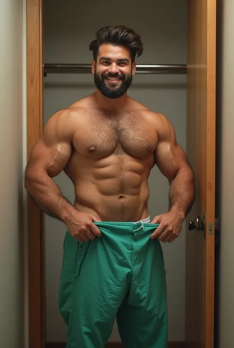 A handsome, chubby, hairy, bearded, mixed-race Brazilian man in white underwear with a pair of green surgical center pants in his hand, open closet, small changing room, 