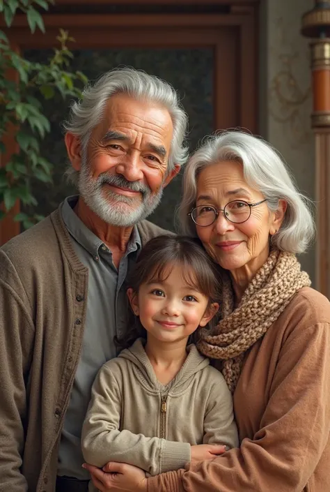 Family photo  Dad and mom 70 years old, with daughter 40 years old