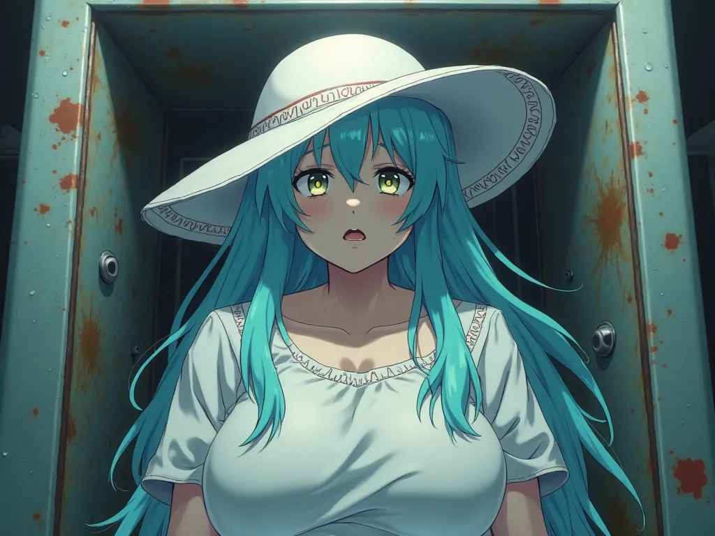 anime obese girl with long sky blue waterfall hair wearing big white sun hat being held hostage and tickled tortured in and by box machine