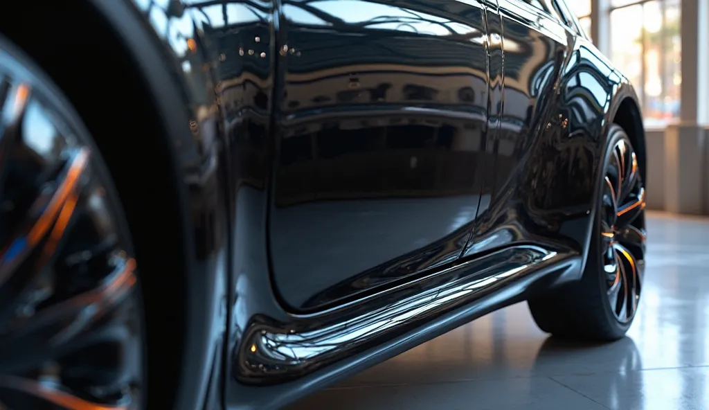 Close-Up View of Wheels: "A 3D render focusing on the close-up view of the wheels of a 2025 Toyota Urban Cruiser EV in glossy Pure Black color. The wheels are highly detailed with shiny, glossy surfaces, showcasing the futuristic design. The surrounding bo...