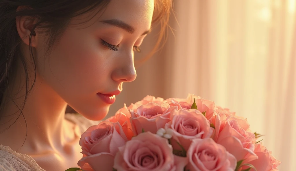 A beautiful woman receiving a bouquet of roses, soft warm lighting, romantic setting, delicate hands holding the flowers, cinematic close-up, pastel tones, ultra-detailed petals, gentle smile, dreamy background. Style: Delicate, romantic, watercolor or sof...