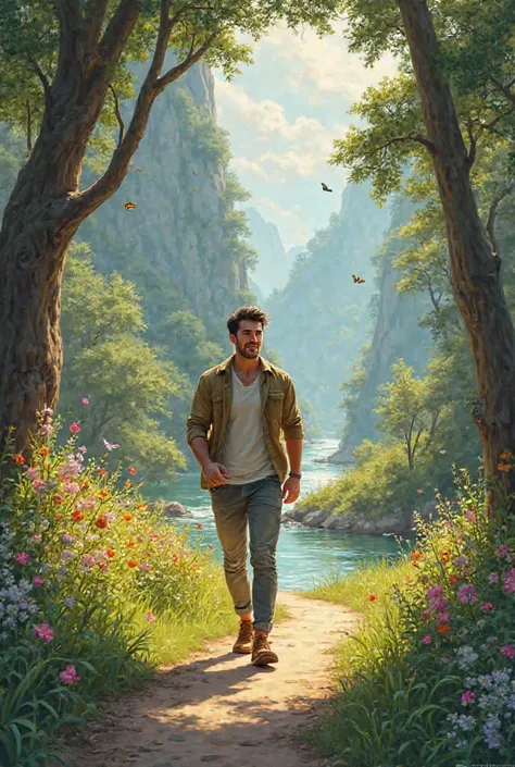 A handsome guy walks along a path around nature and beauty