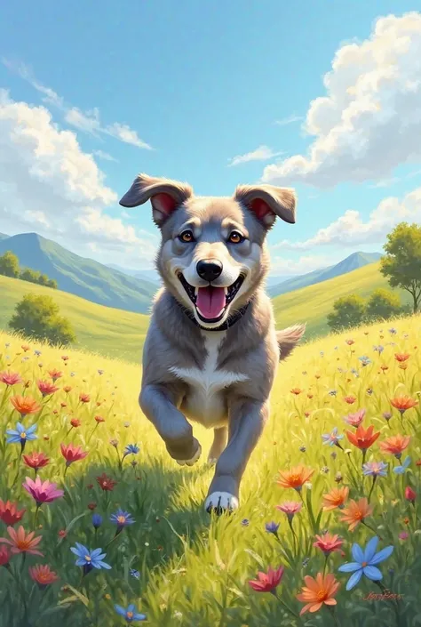 "A cheerful, short-haired mixed-breed dog, with a smooth coat in a soft, muted gray tone—reminiscent of a stormy sky—and subtle white patches on its chest and paws, running joyfully through a vibrant, sunlit field filled with green grass and colorful wildf...