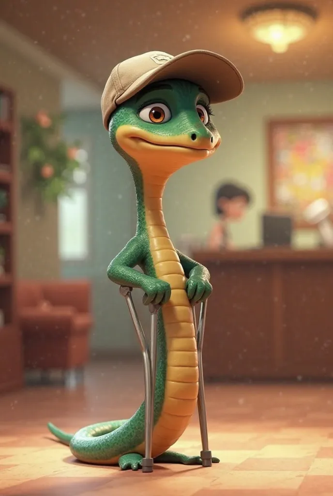 Animated adult male snake wearing cap and crutch found at a reception 