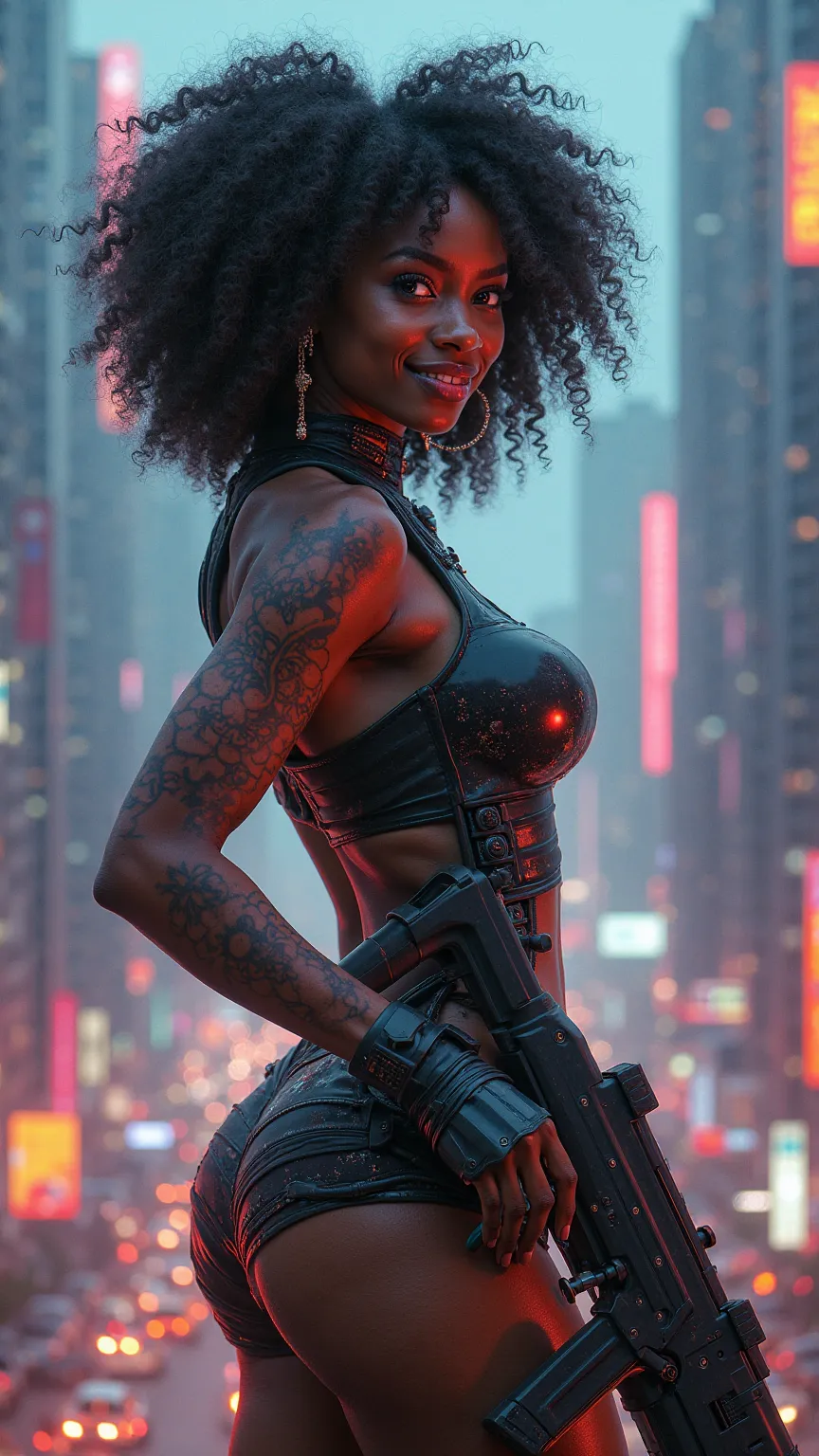 A utopian skyline filled with flying cars, side view of a stunning African girl with a toned body, curly afro, wearing a battle-worn, ripped cyber suit, neon tattoos glowing along her arms, gripping a sci-fi shotgun, hands playing with her curls, smiling s...