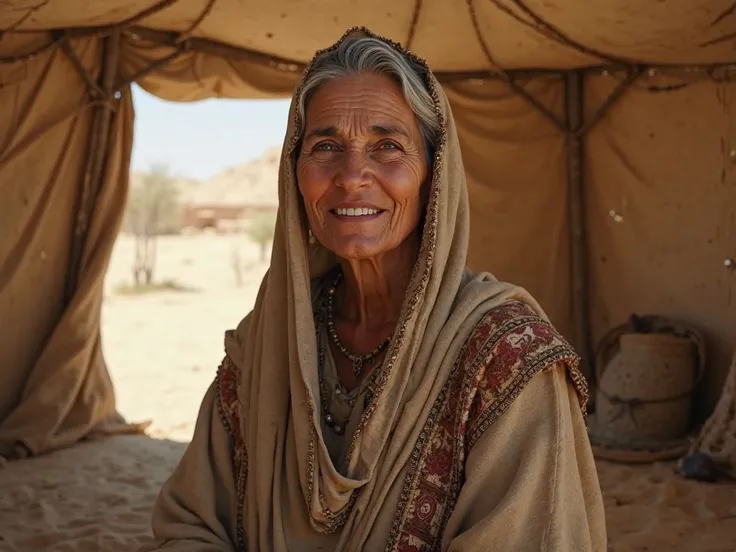 An adult beautiful woman of about 70 years old, Abraham's wife, dressed in oriental clothes, stands in a tent and smiles a little, realistically, the second millennium BC.