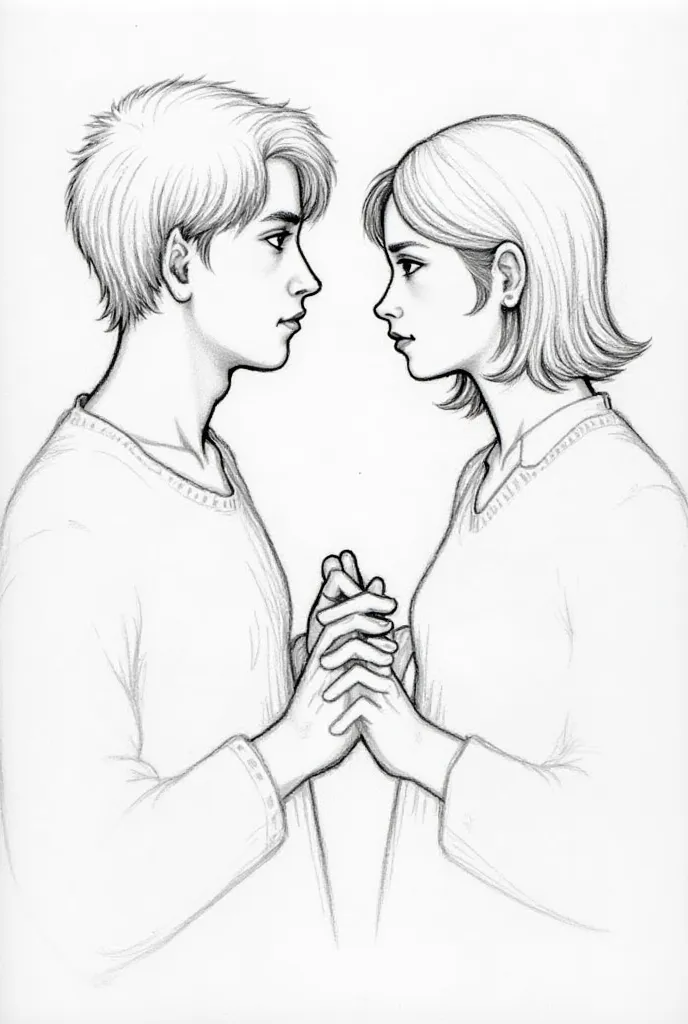 Pencil drawing of two people looking at each other and holding hands 