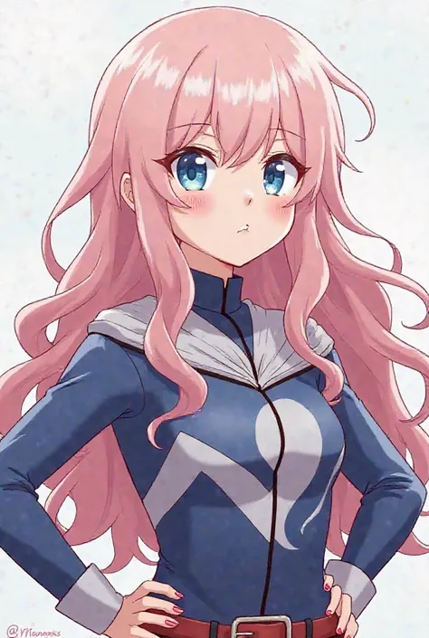 Screenshot with an anime style related to My Hero Academia,  A Girl, wearing a superhero uniform in the color that matches her, Holding her hips looking to the side distracted. Long wavy light pink and slightly messy hair,  blue eyes,  white-skinned, nails...