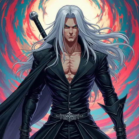 generate me a portrait of sephiroth in the art style of jojo bizarre's adventure