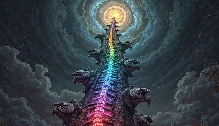 Extremely detailed Gothic-Synthography panel. A spinal column of stone gargoyles transforms into glowing chakra wheels, each vortex sucking in Gothic dogma scrolls and emitting Synthography galaxies. Crown chakra beams a 33-symbol into blackened heavens. C...