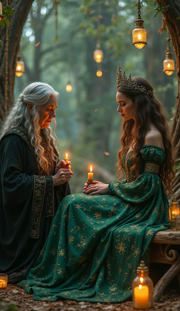 An ultra-realistic image of a mystical seer and a forest queen, both exuding wisdom and enchantment. The seer is an elderly woman with piercing eyes and long silver hair, dressed in an embroidered black cloak, holding an ornate, magical artifact that glows...