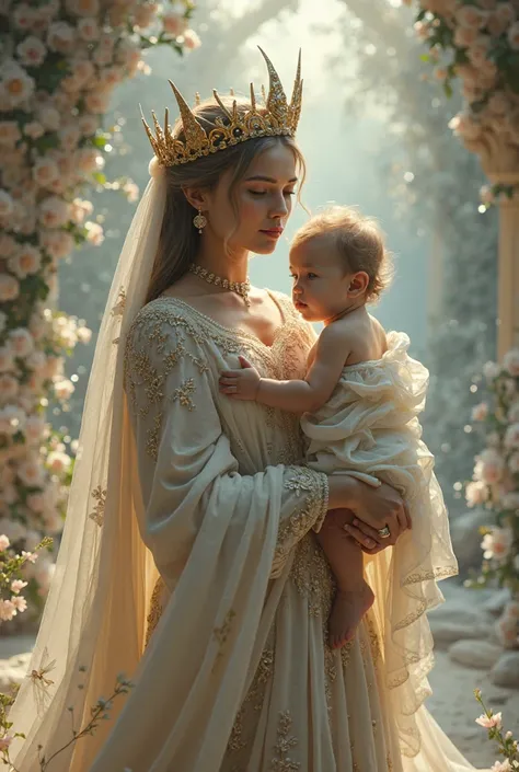 An extraordinarily beautiful charming mother, goddess-like ,holding her  in her arms in luxurious royal clothes.powerful composition, dramatic shadows,  Masterpiece  (Better quality,4K,8 k,high resolution, Masterpiece :1.2), ultra-detailed ,(photo-Реалисти...