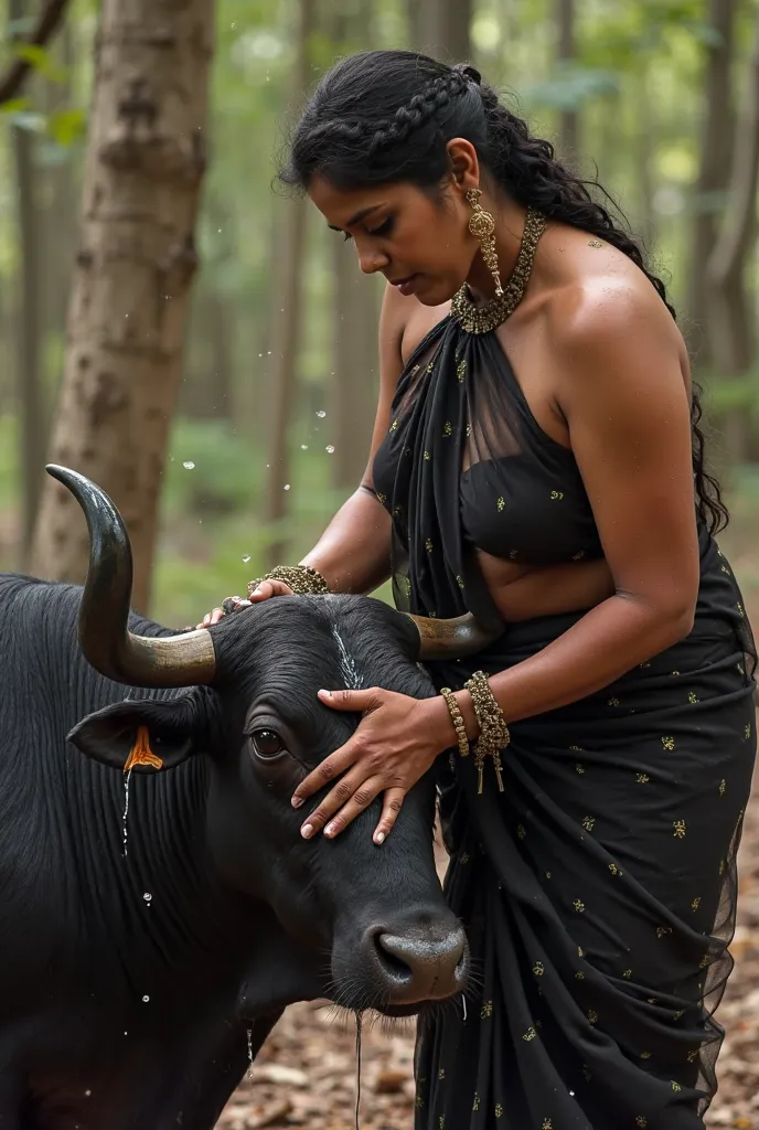 An Indian women with thick thighs and big breasts with juicy body in black transparent saree without bra and  underwear washing a big black bulls penise with her bare hands with lewd  expression while bulls penise is hard as wood,NSFW