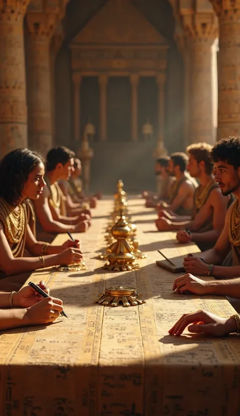 A pair of first-person female hands in the foreground holding a pen and writing. The front has a luxurious long table from ancient Egypt, with some men seated wearing ancient Egyptian clothes,  looking in amazement . 