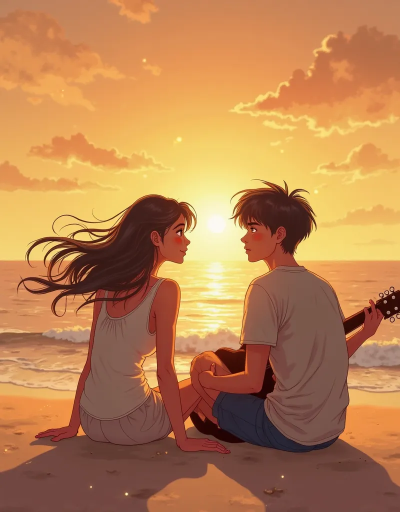 "Create an illustration of A young woman with loose hair in the wind and a young man holding a guitar are sitting on the sand of a beach at sunset. They look at each other with a mixture of joy and melancholy, Conveying an Intense Connection. In the backgr...