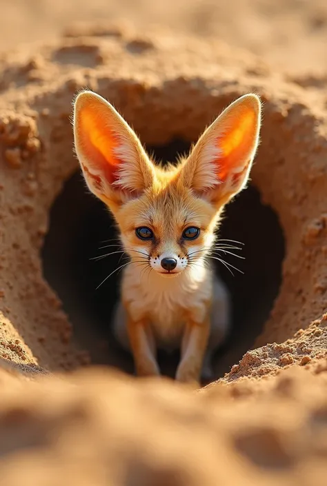 1. A fennec fox peeking out of its sandy burrow, its enormous ears glowing in the desert sun. Telephoto lens (300mm, f/2.8) for intimate framing. 16:9 aspect ratio."
