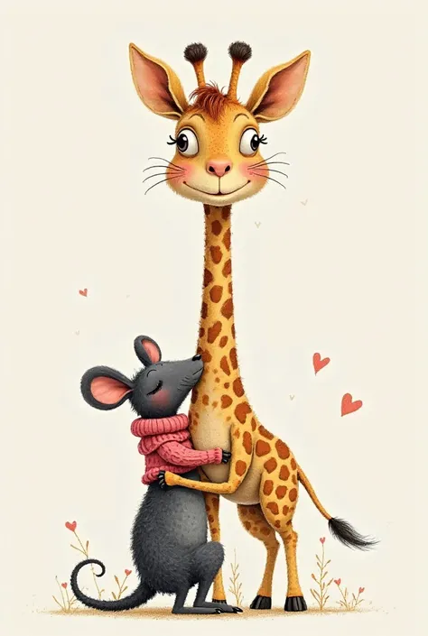 An image that looks like a drawing with pencil and colors, with a tall giraffe with a black kangaroo she is carrying her girlfriend who is a small lead mouse with her pink ears and a pink sweater. Both are very much in love