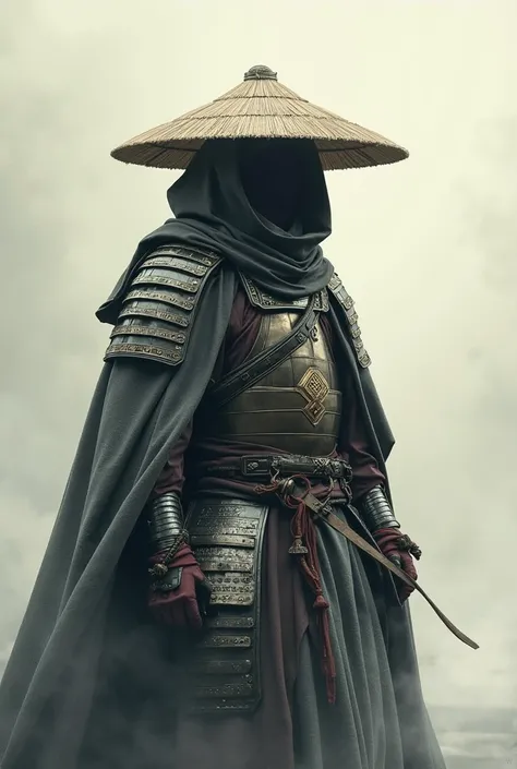 Create monk with samurai straw hat and cape, wearing armor and the face not visible. monk&#39;s clothes