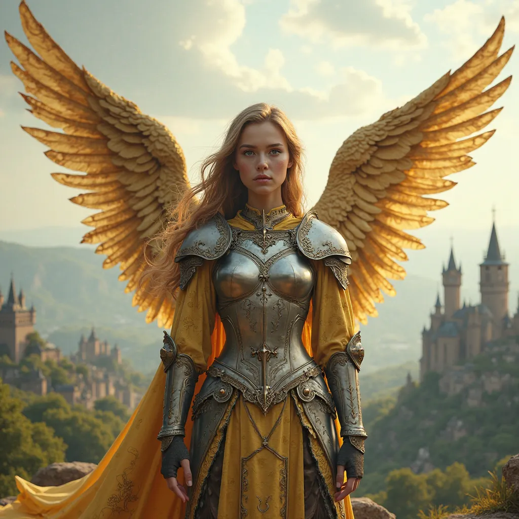 Create detailed realistic hd 4k image of a young female warrior with golden angel wings , Medieval style 