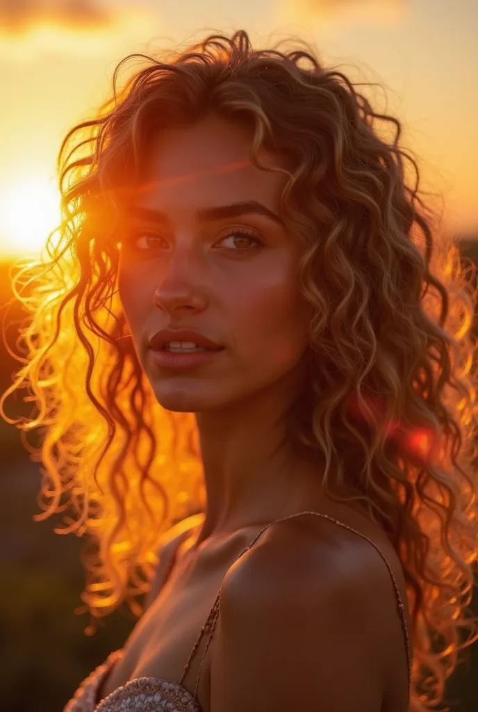 3. "A glowing sunset portrait of a woman with curly hair, backlit by golden light, hair strands illuminated, lens flare adding a dreamy effect. Shot with a 70-200mm telephoto lens (f/2.8) for a beautiful background blur. 16:9 aspect ratio."