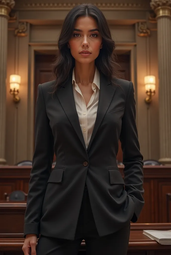 Make a beautiful woman in a suit, with the profile of a lawyer, medium long hair, brown eyes, Brazilian woman in court